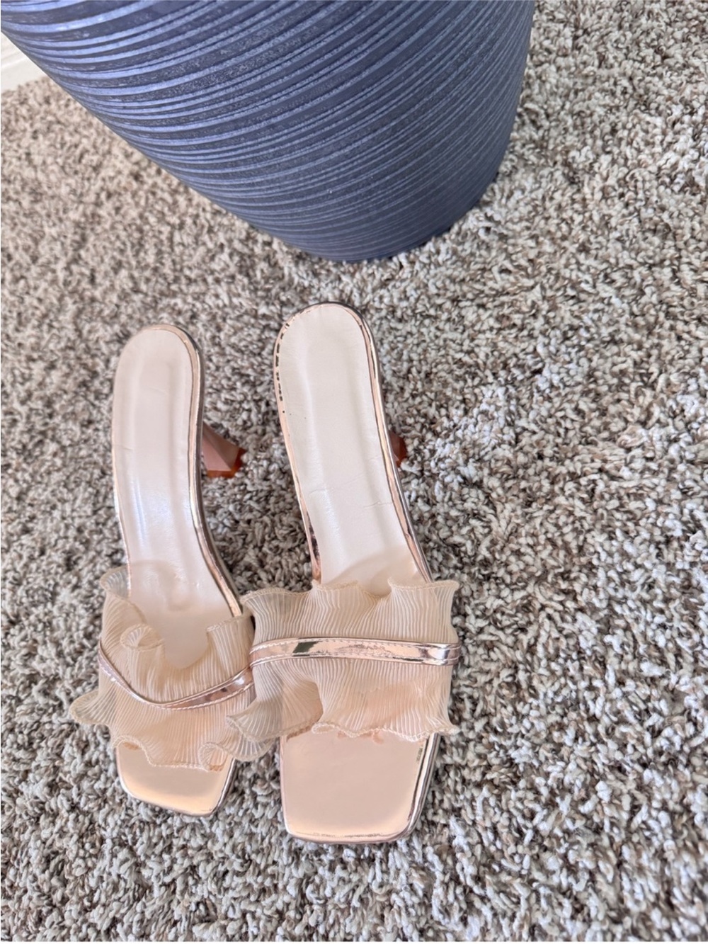 Ruffled Blush Slide Heels with Metallic Accent